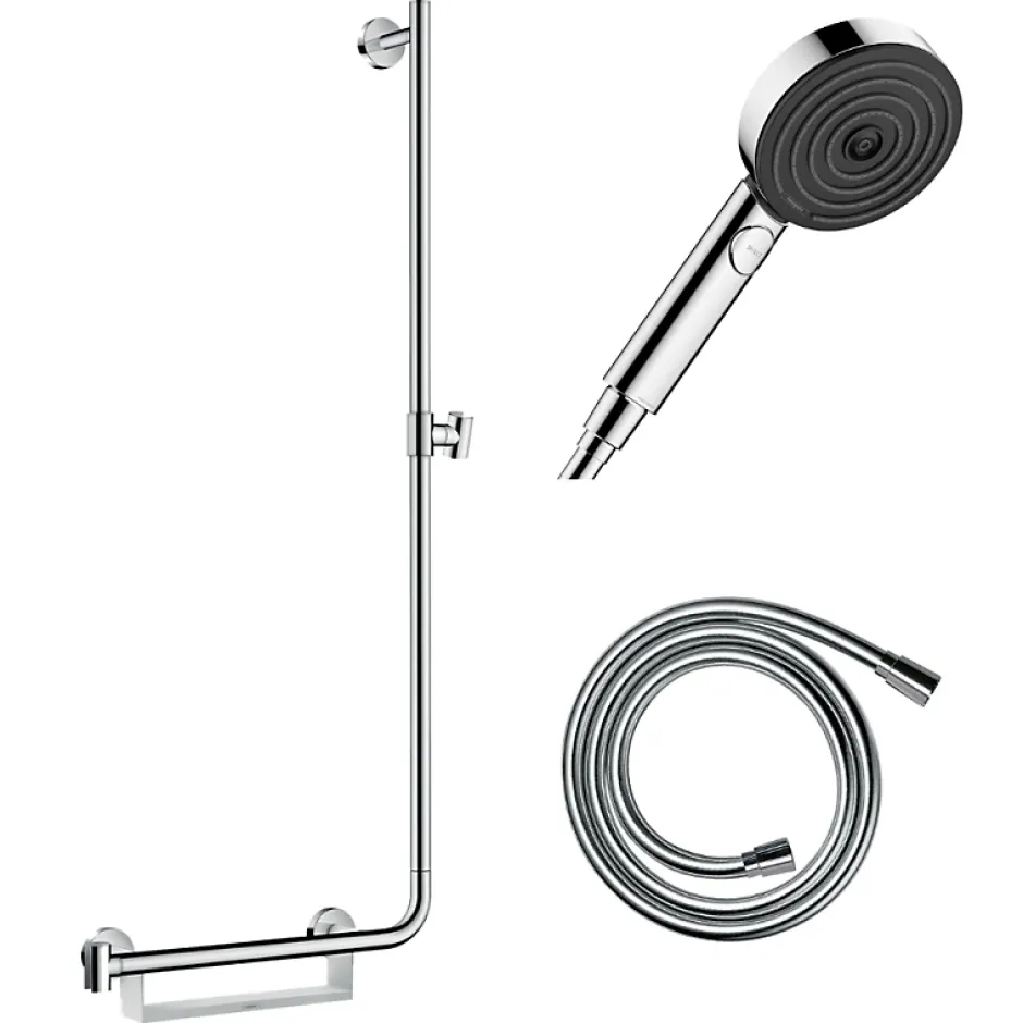 Hansgrohe Barre de douche PMR Unica 110 avec poignée à gauche Chromé + Pommeau de douche Pulsify 3 jets + flexible Isiflex 160cm