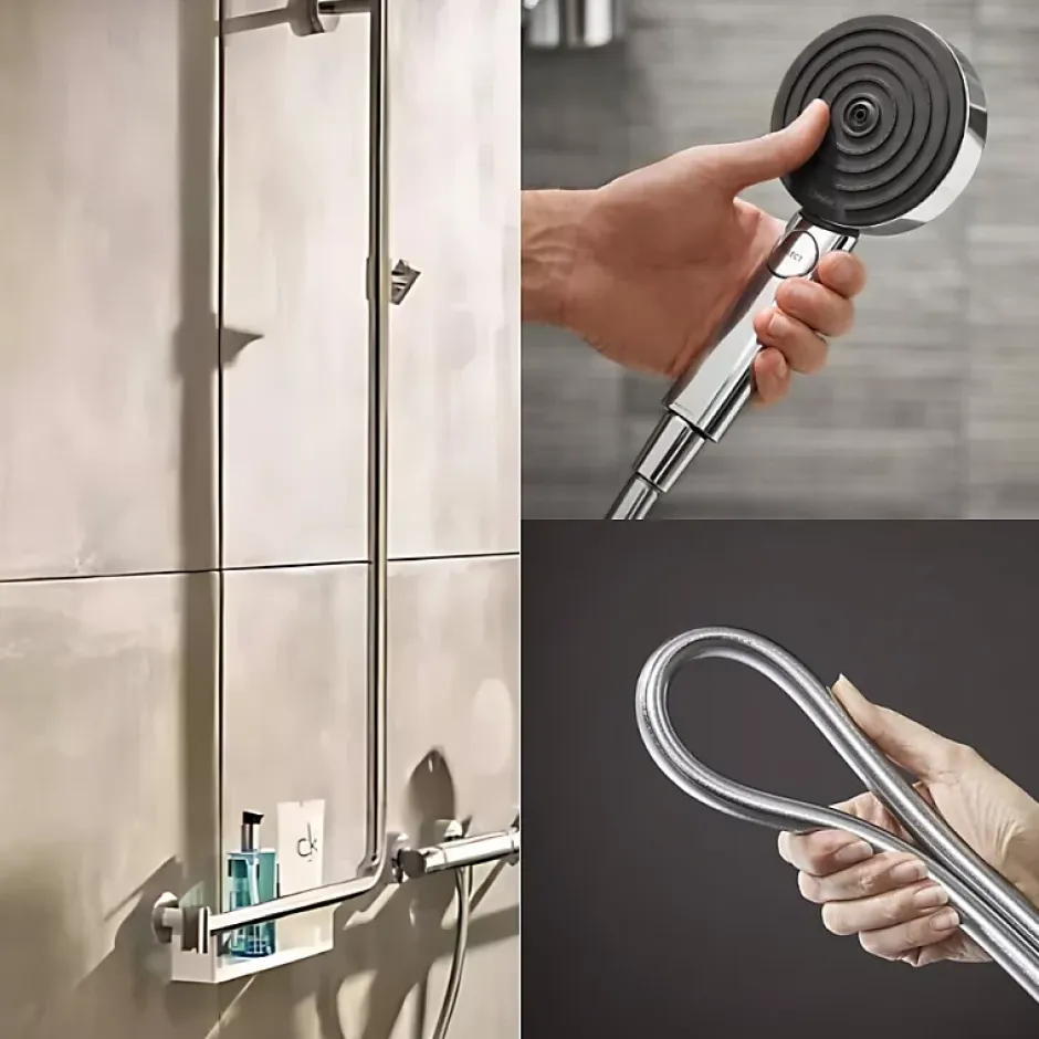 Hansgrohe Barre de douche PMR Unica 110 avec poignée à gauche Chromé + Pommeau de douche Pulsify 3 jets + flexible Isiflex 160cm