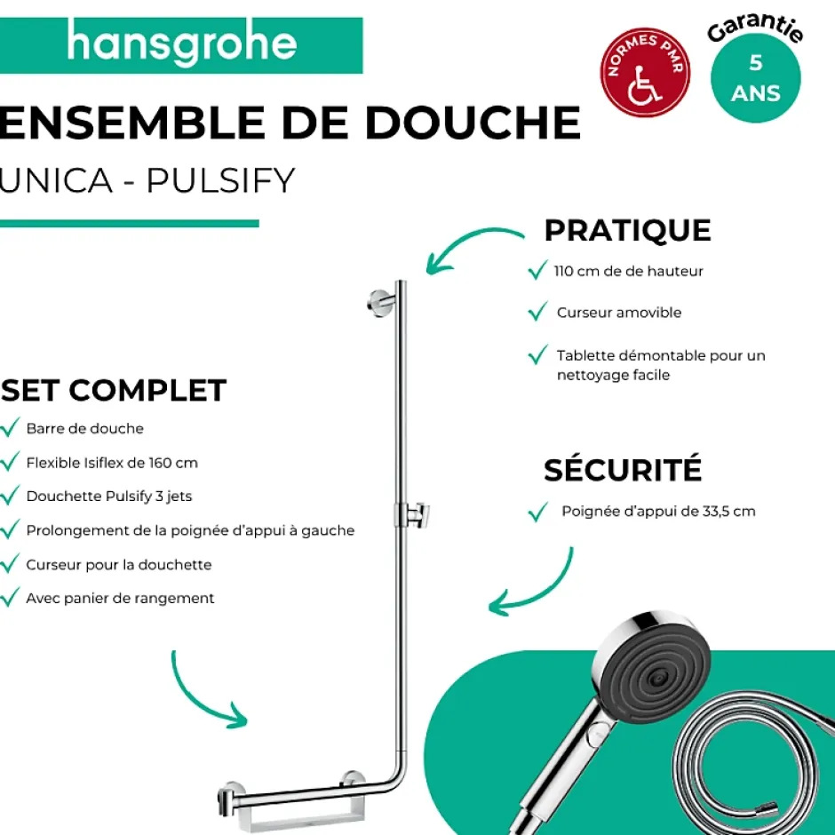 Hansgrohe Barre de douche PMR Unica 110 avec poignée à gauche Chromé + Pommeau de douche Pulsify 3 jets + flexible Isiflex 160cm