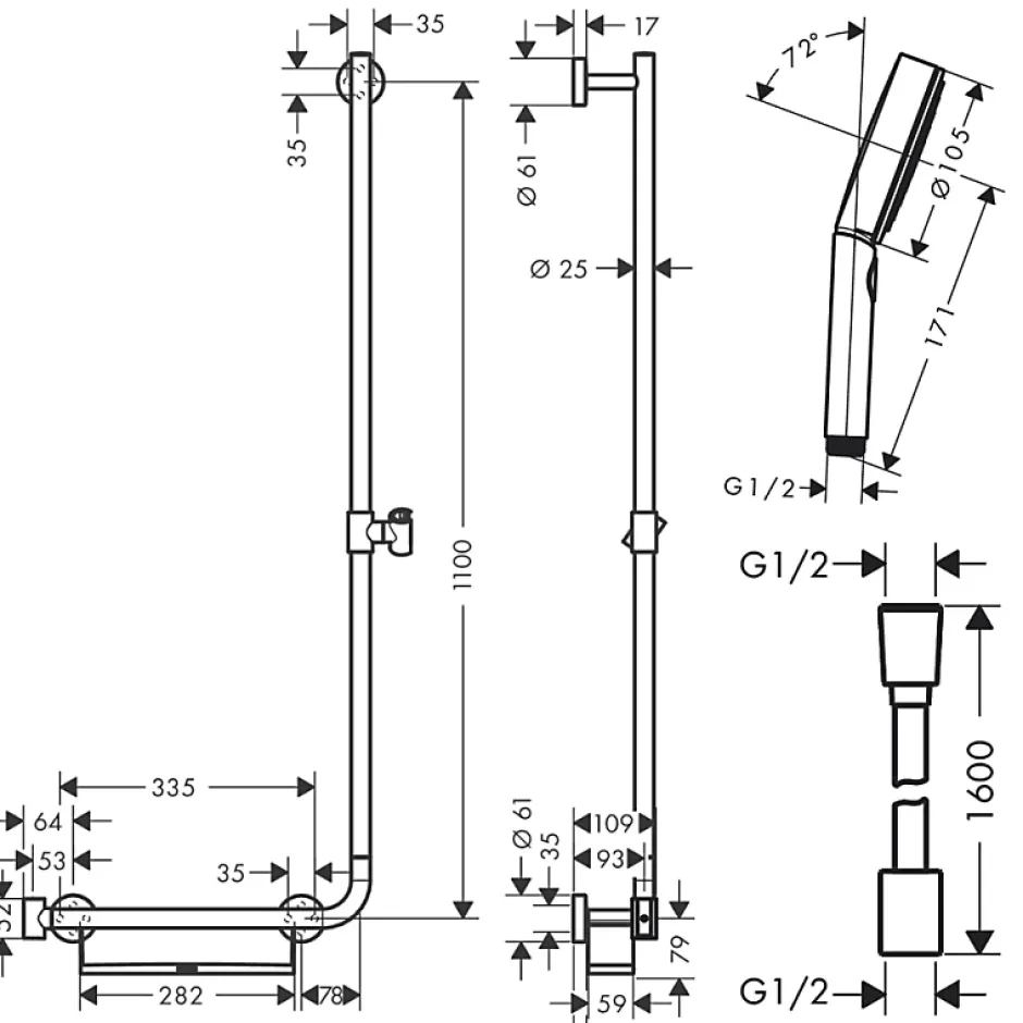 Hansgrohe Barre de douche PMR Unica 110 avec poignée à gauche Chromé + Pommeau de douche Pulsify 3 jets + flexible Isiflex 160cm