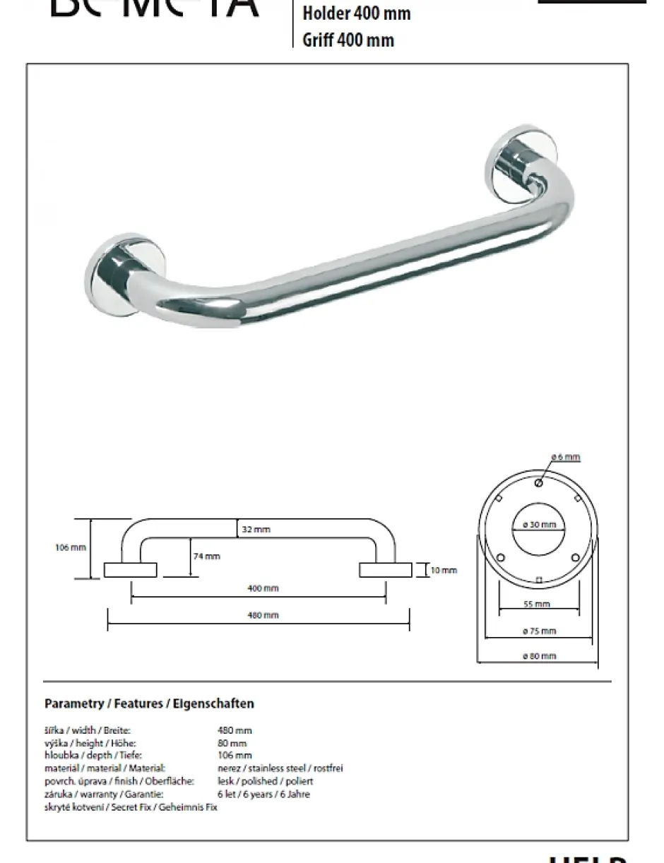 Bemeta Barre de maintien de douche HELP en acier inoxydable-48x8x10,6cm--