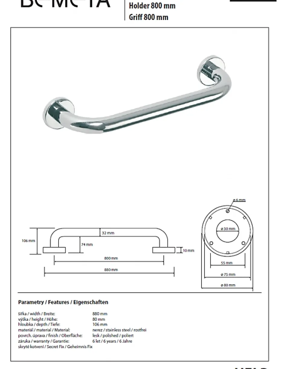 Bemeta Barre de maintien de douche HELP en acier inoxydable-88x8x10,6cm--