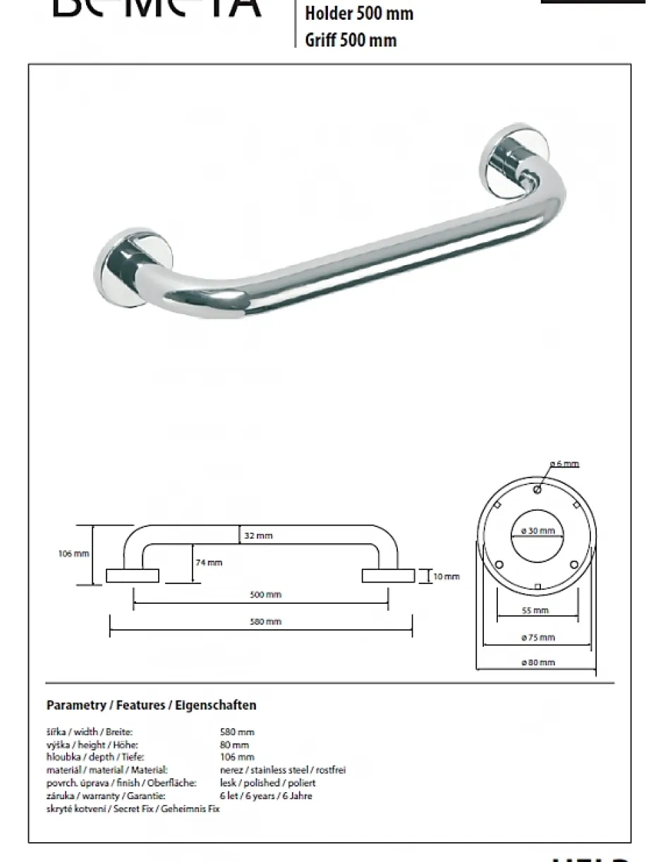 Bemeta Barre de maintien de douche HELP en acier inoxydable-58x8x10,6cm--