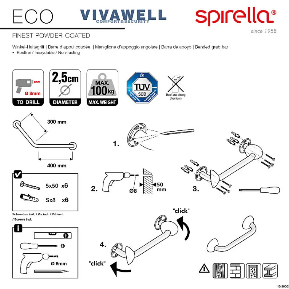 Spirella Barre de redressement ou d'appui coudée ECO Acier Inox 71cm Blanc
