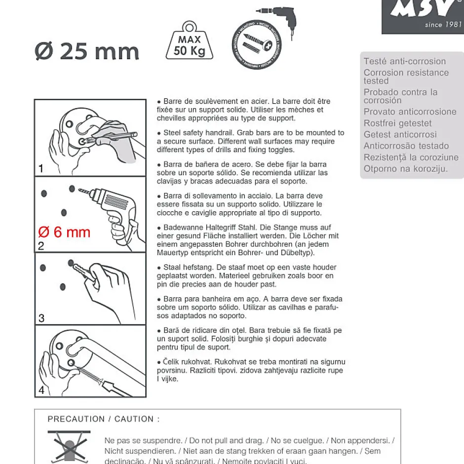 MSV Barre de redressement ou d'appui Acier 30cm Noir mat* Barre D'Appui