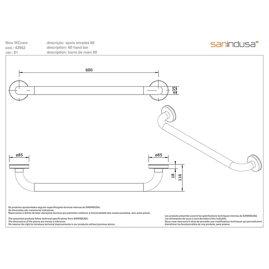Sanindusa Barre de relèvement et appui PMR normes handicapé NewWCCare 60 inox brossé