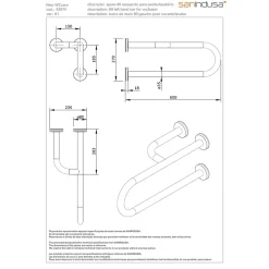 Sanindusa Barre de relèvement et appui en U avec renfort latéral à gauche PMR normes handicapé NewWCCare 60 inox brossé