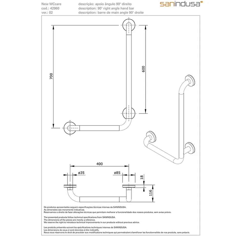 Sanindusa Barre de relèvement et appui en angle à droite coudée à 90 PMR normes handicapé NewWCCare inox brossé