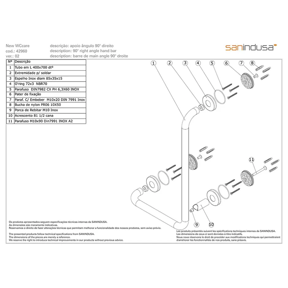 Sanindusa Barre de relèvement et appui en angle à droite coudée à 90 PMR normes handicapé NewWCCare inox brossé