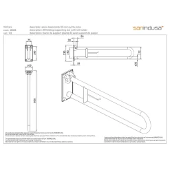 Sanindusa Barre de relèvement WC murale en U rabattable avec porte rouleaux PMR normes handicapé NewWCCare 83 blanche