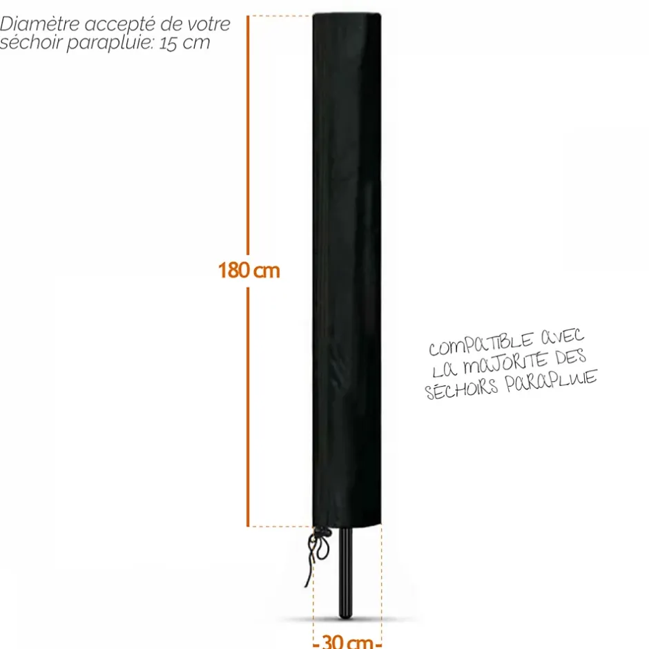 Linxor Bâche, housse de protection imperméable pour séchoir parapluie - 180 x 30 x 30 cm - Noir -