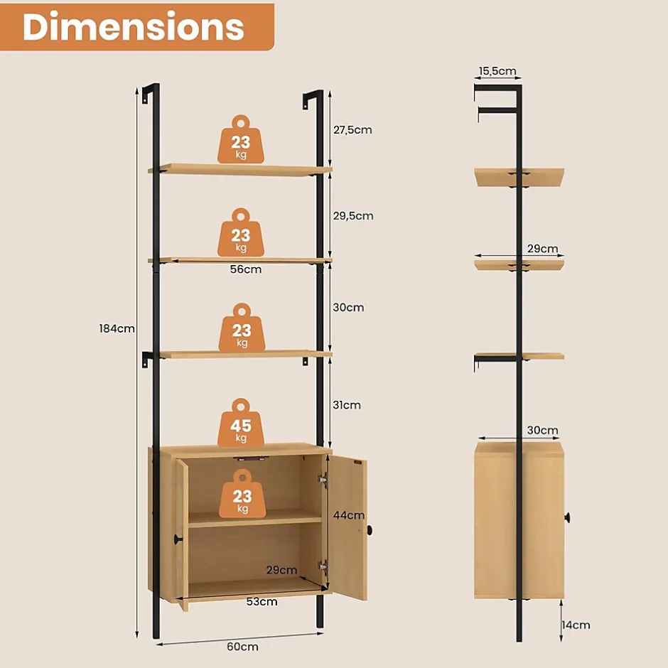 Giantex Bibliotheque avec 4 Niveaux d'Étagères Ouvertes en Bois,avec Cadre Métallique et Armoire 2 Niveaux, pour Salon, Chambre, Cuisine* Etagère Salle De Bains