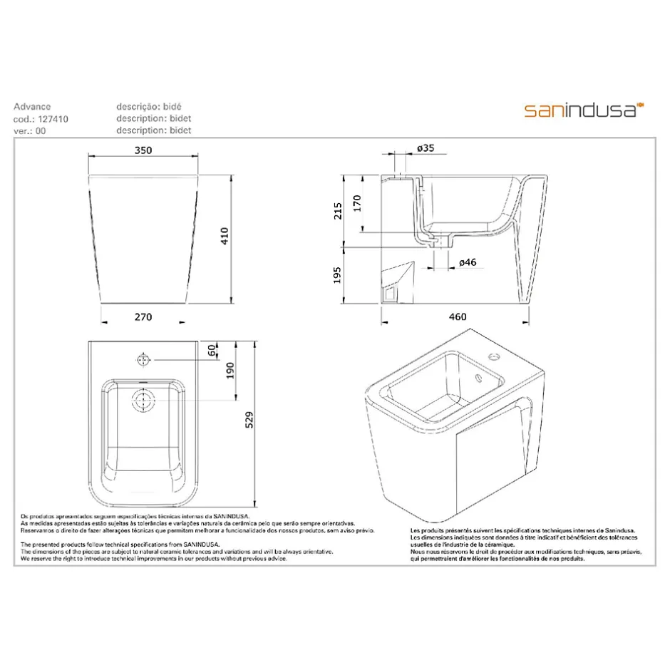 Sanindusa Bidet céramique traditionnelle a poser au sol Advance blanc (robinet et vidage non inclus)* Bidet