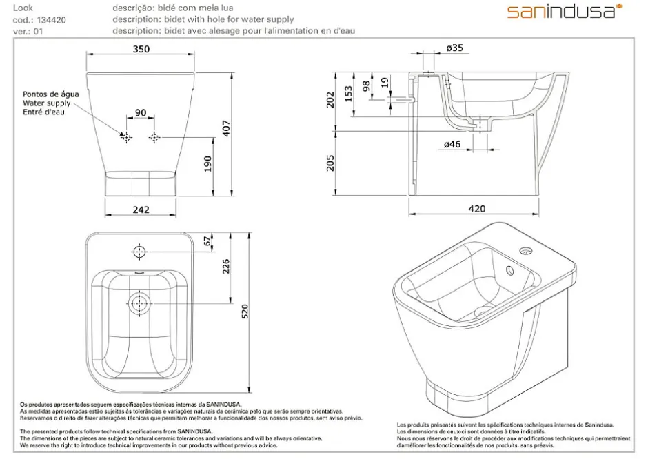Sanindusa Bidet céramique traditionnelle Look a poser au sol avec trou passage flexible blanc* Bidet
