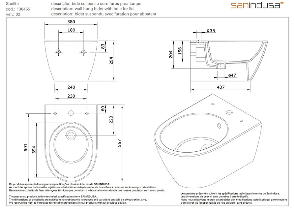 Sanindusa Bidet suspendu céramique traditionnelle Sanlife avec trous pour abattant (abattant non compris) blanc* Bidet
