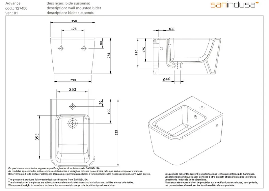 Sanindusa Bidet suspendu céramique traditionnelle Advance blanc* Bidet