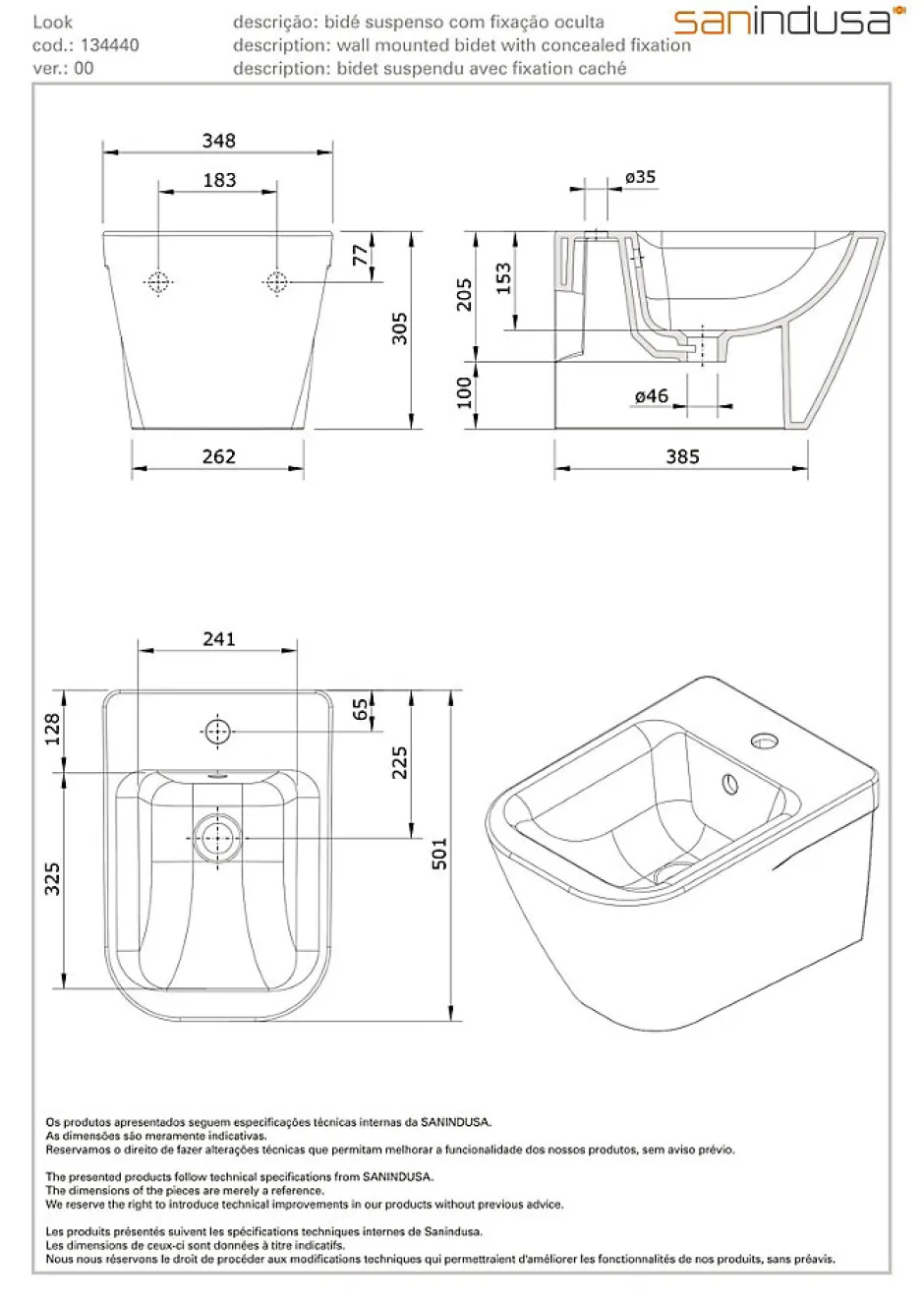 Sanindusa Bidet suspendu céramique traditionnelle Look 50x35 blanc (robinet et vidage non inclus)* Bidet