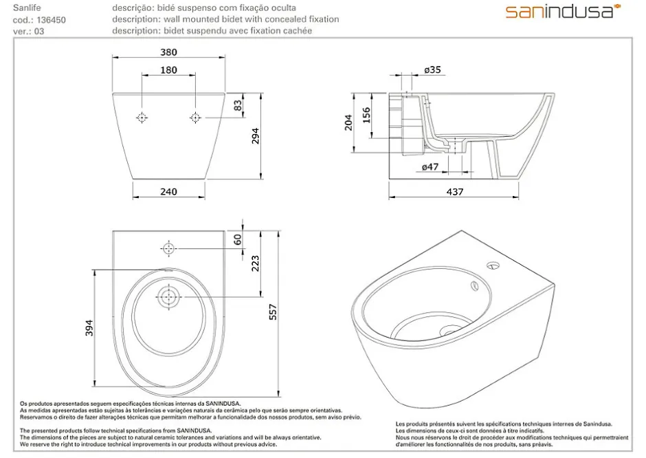 Sanindusa Bidet suspendu céramique traditionnelle 56 Sanlife blanc mate texture