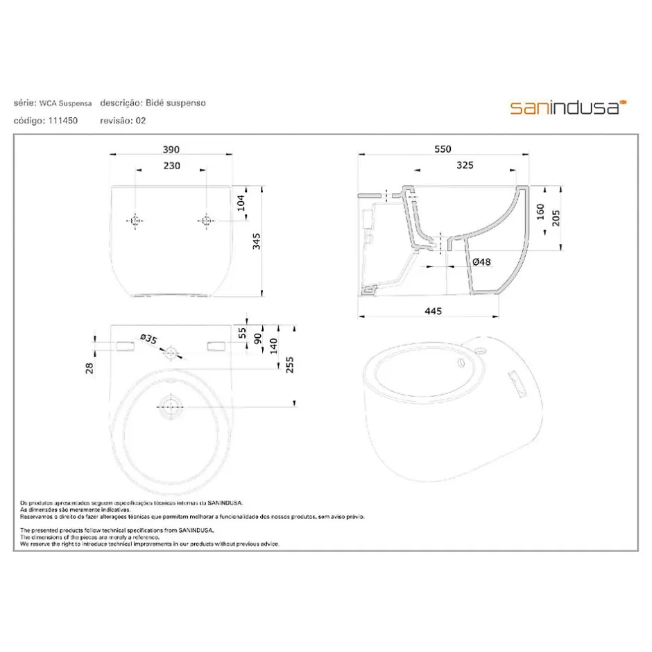 Sanindusa Bidet suspendu cylindrique contemporain céramique traditionnelle blanc (robinet non inclus)