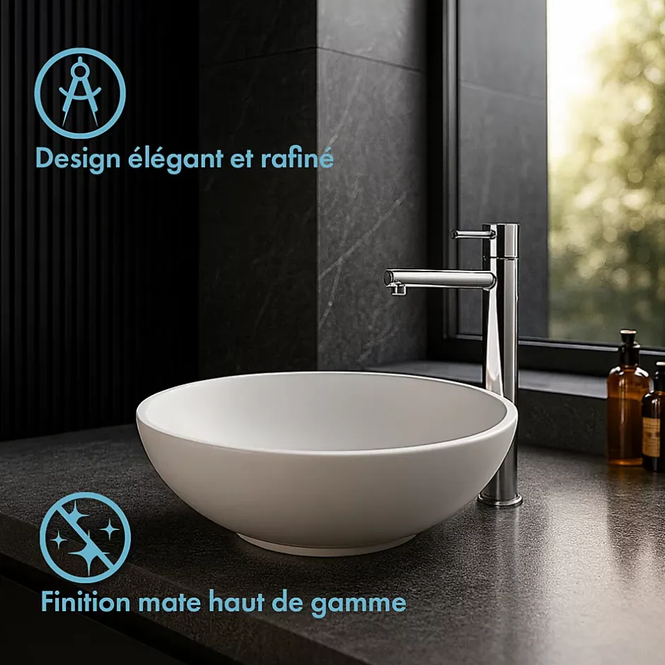 Ambra BOLÉA - Vasque ronde à poser 40 cm en solide surface - Design épuré et contemporain