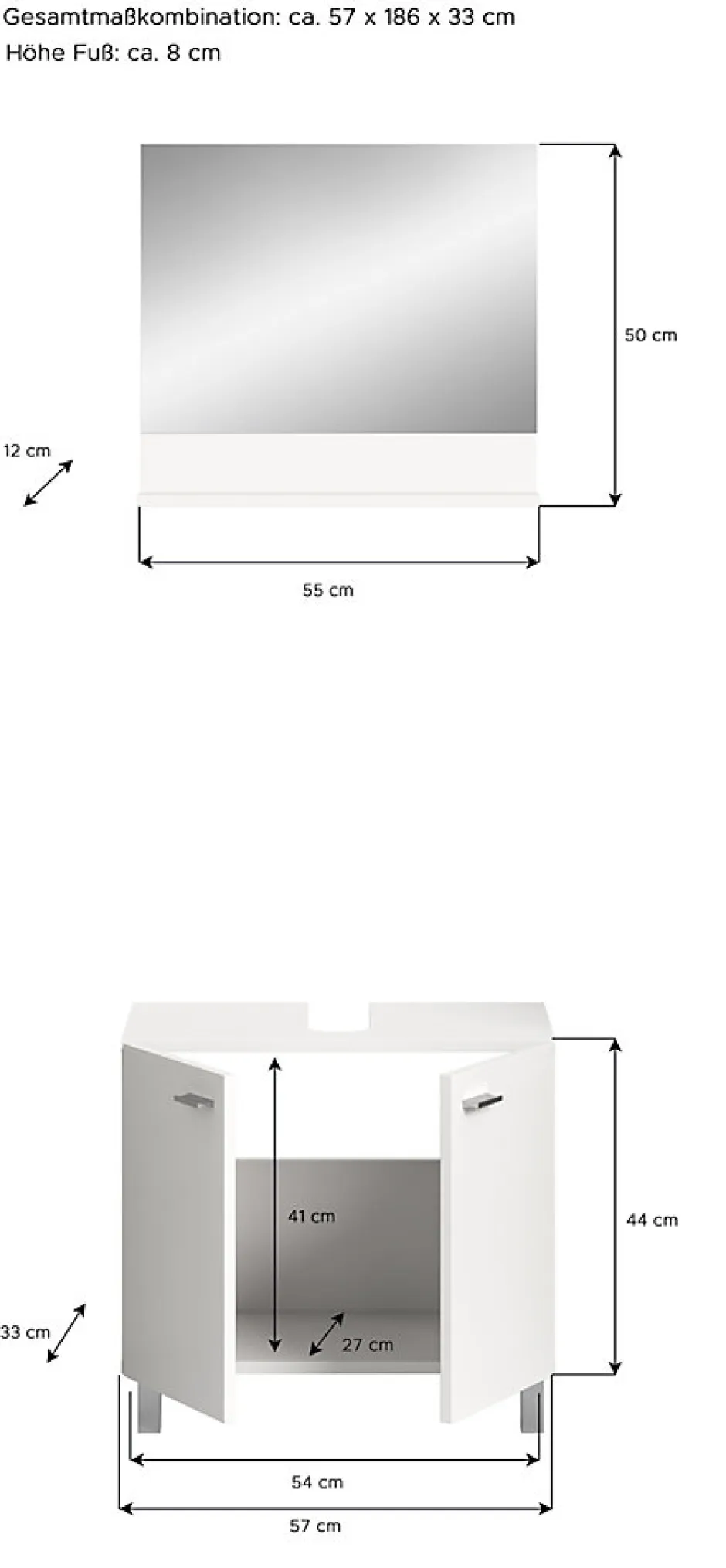 Xonox Boston - Ensemble de 2 meubles de salle de bains (L/H/P : 57x186x33 cm) en mélaminé blanc, vasque non incluse