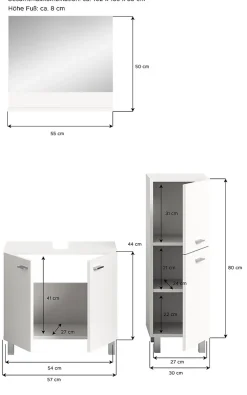 Xonox Boston - Ensemble de 3 meubles de salle de bains (L/H/P : 102x186x33 cm) en mélaminé blanc, vasque non incluse
