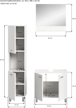 Xonox Boston - Ensemble de 3 meubles de salle de bains (L/H/P : 102x186x33 cm) en mélaminé blanc, vasque non incluse