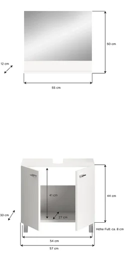 Xonox Boston - Meuble sous lavabo et miroir (L/H/P : 57x44x33 cm) en mélaminé blanc, vasque non incluse