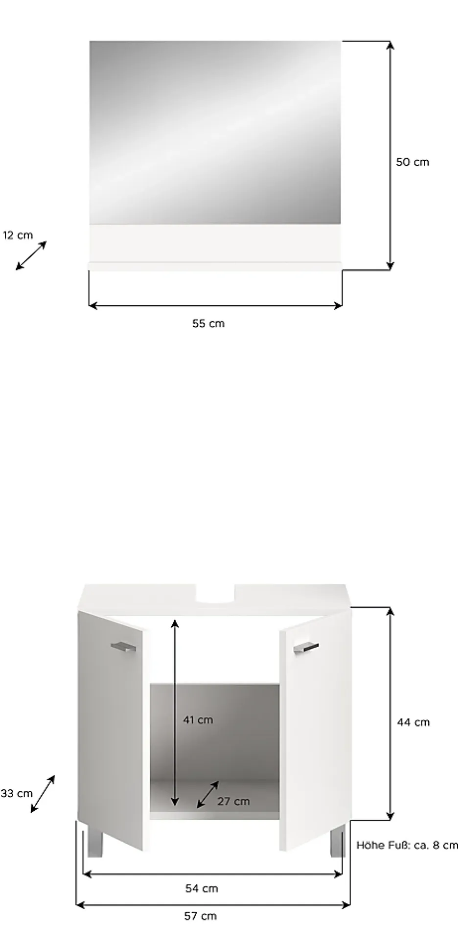 Xonox Boston - Meuble sous lavabo et miroir (L/H/P : 57x44x33 cm) en mélaminé blanc, vasque non incluse