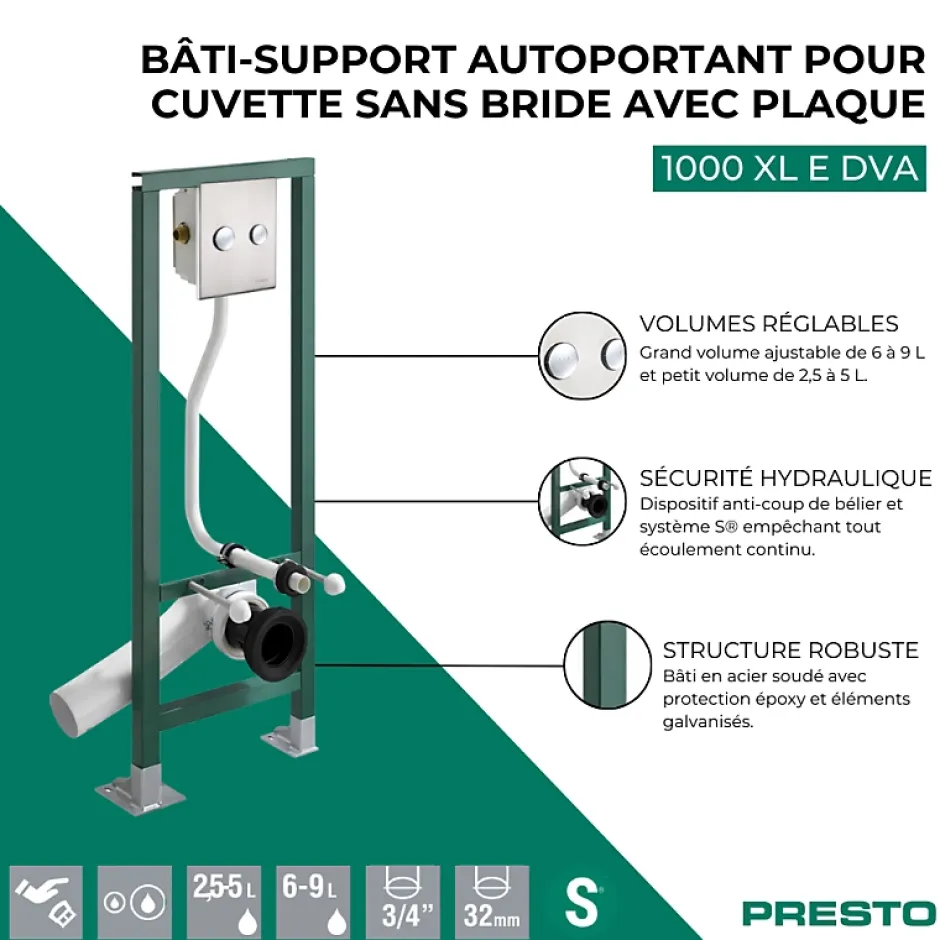 Presto Bâti-support autoportant pour cuvette sans bride 1000 XL E DVA avec plaque
