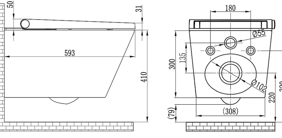 Bernstein Bâti-support Toilettes Japonais céramique, WC lavant japonais pack complet - 38,4x59,3x38cm - Basic 1102 Modèle 4111 noir mat
