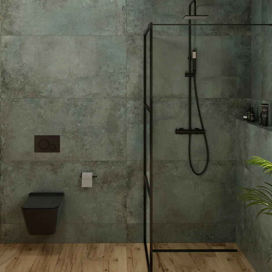 Swiss Aqua Technologies B-Way Colonne de douche + Mitigeur thermostatique + Douchette + Flexible + Douche de tête, Noir mat (SATBWSST)