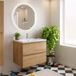 Swiss Aqua Technologies B-Way 59x50x45 cm meuble de salle de bain suspendu 2 tiroirs avec lavabo en marbre coulé, chêne mat (BWAY260OAKU)