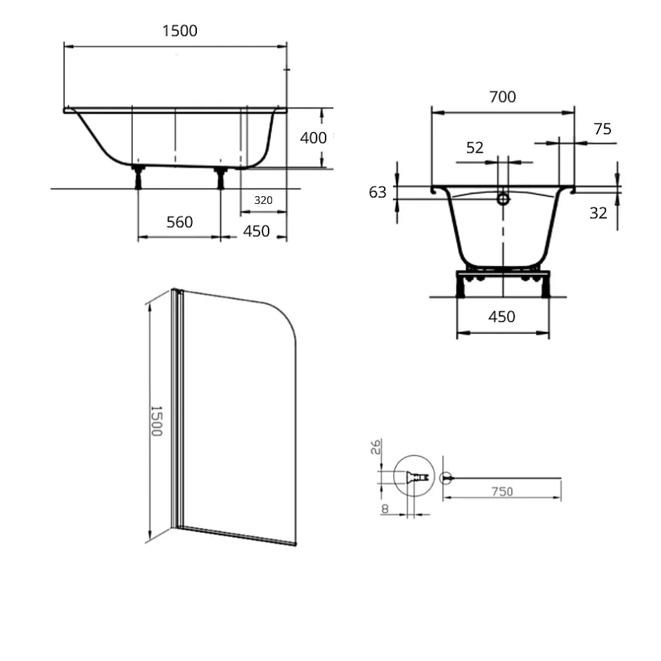 Swiss Aqua Technologies By Kaldewei 150x70 cm Ensemble baignoire Vivien universelle + Pare baignoire pivotant chrome + pieds (SATVIVI150-SETP1)