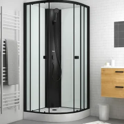 Aurlane Cabine de douche 1/4 de cercle 85x85x200 cm - Portes coulissantes - Fonds Blancs & Profilés Noir Mat* Cabine De Douche