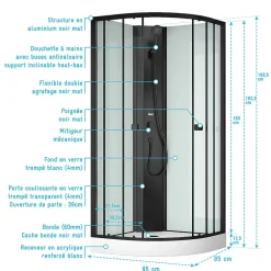 Aurlane Cabine de douche 1/4 de cercle 85x85x200 cm - Portes coulissantes - Fonds Blancs & Profilés Noir Mat* Cabine De Douche