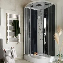 GoodHome Cabine de douche 1/4 de cercle l.90 x L.90 x H.215 cm – hydromassante, gris anthracite, profilés chromés, montage rapide, Onega