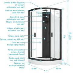 Aurlane Cabine de douche 1/4 de cercle 85x85x210/235 cm - Receveur + Fonds Blancs / Colonne + Profilés Noirs* Cabine De Douche