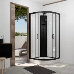 Aurlane Cabine de douche 1/4 de cercle 85x85x210/235 cm - Receveur + Fonds Blancs / Colonne + Profilés Noirs* Cabine De Douche