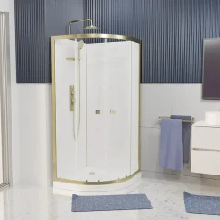 Galedo Cabine de douche 1/4 de cercle l.90 x L.90 x H.200 cm – fond blanc et profilés doré brossé, porte coulissante, Cabine Dorée* Cabine De Douche