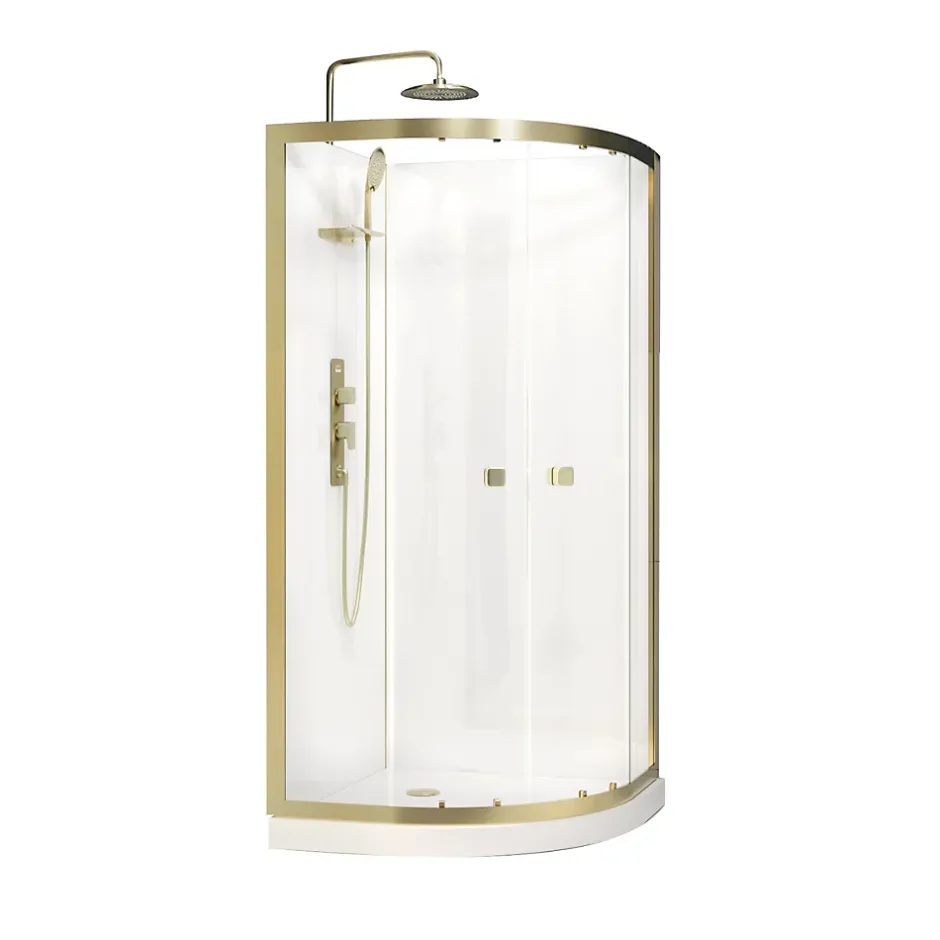 Galedo Cabine de douche 1/4 de cercle l.90 x L.90 x H.200 cm – fond blanc et profilés doré brossé, porte coulissante, Cabine Dorée* Cabine De Douche