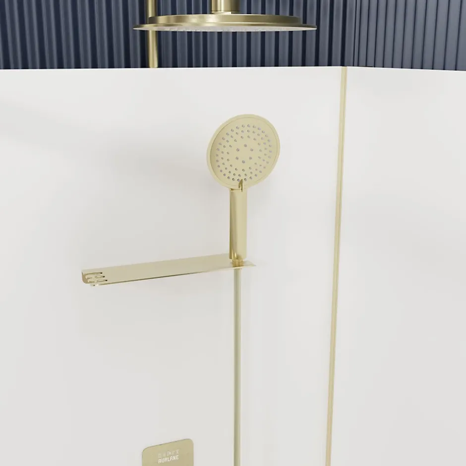 Galedo Cabine de douche 1/4 de cercle l.90 x L.90 x H.200 cm – fond blanc et profilés doré brossé, porte coulissante, Cabine Dorée* Cabine De Douche