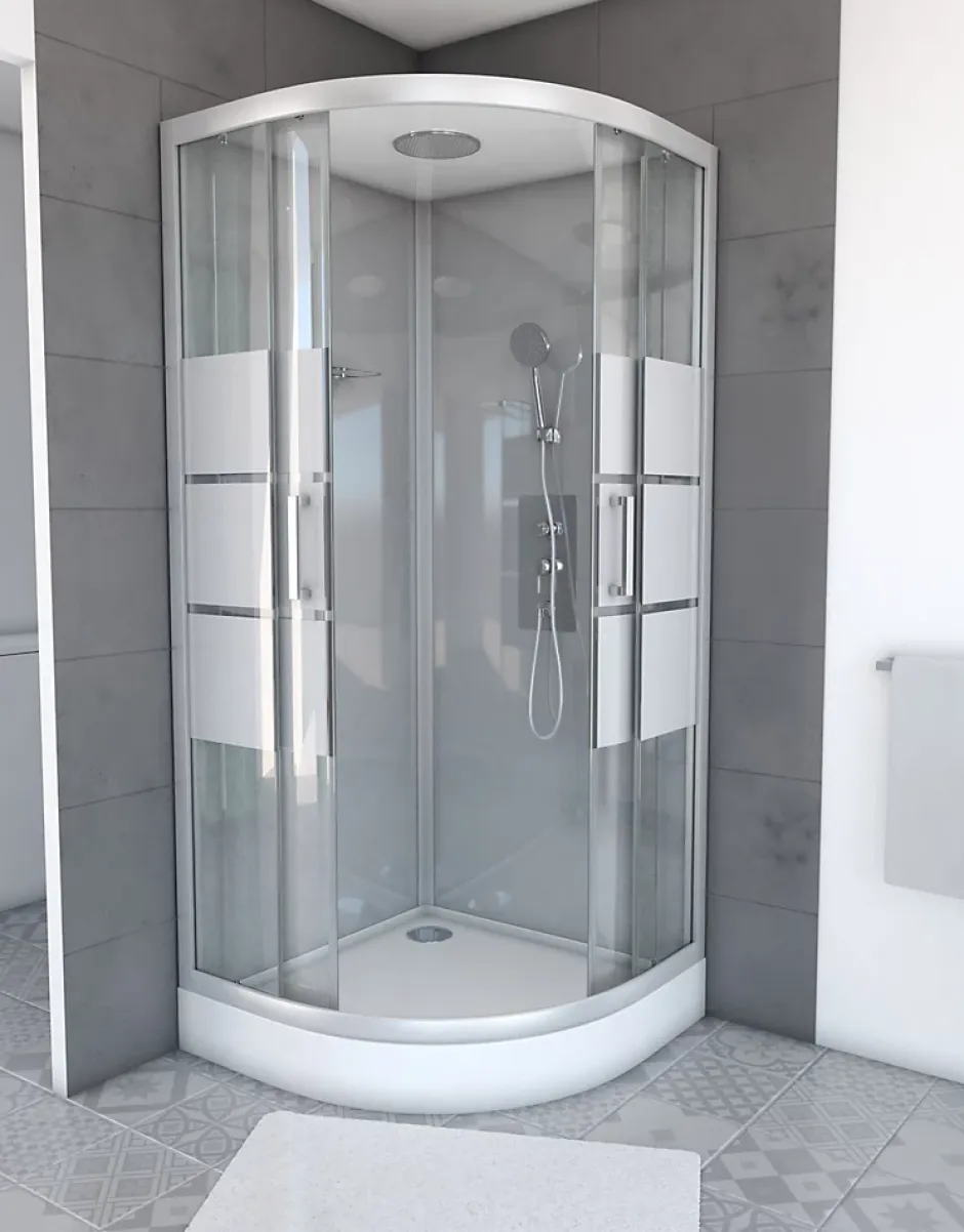 Galedo Cabine de douche 1/4 de cercle l.90 x L.90 x H.215 cm – structure effet chrome, fond gris, sérigraphie 3 bandes, River 2 Round