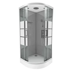Galedo Cabine de douche 1/4 de cercle l.90 x L.90 x H.215 cm – structure effet chrome, fond gris, sérigraphie 3 bandes, River 2 Round