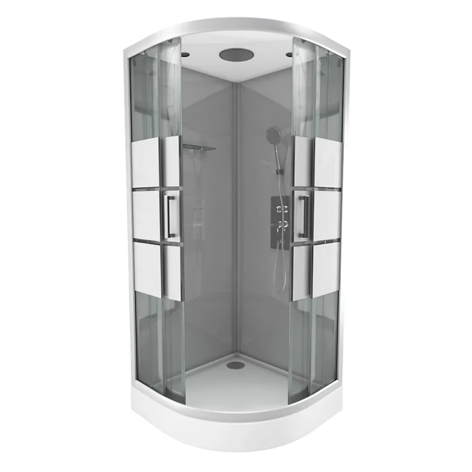 Galedo Cabine de douche 1/4 de cercle l.90 x L.90 x H.215 cm – structure effet chrome, fond gris, sérigraphie 3 bandes, River 2 Round