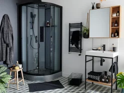 GoodHome Cabine de douche 1/4 de cercle l.90 x L.90 x H.220 cm – hydromassante, fond gris profilés noirs, traitement anticalcaire, Beloya* Cabine De Douche