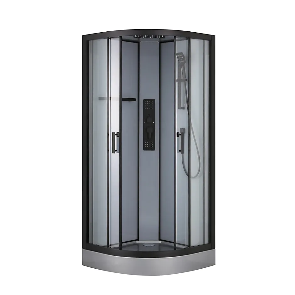 GoodHome Cabine de douche 1/4 de cercle l.90 x L.90 x H.220 cm – hydromassante, fond gris profilés noirs, traitement anticalcaire, Beloya* Cabine De Douche