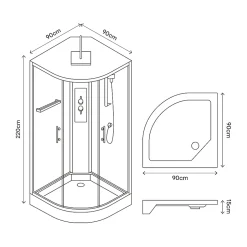 GoodHome Cabine de douche 1/4 de cercle l.90 x L.90 x H.220 cm – hydromassante, fond gris profilés noirs, traitement anticalcaire, Beloya* Cabine De Douche