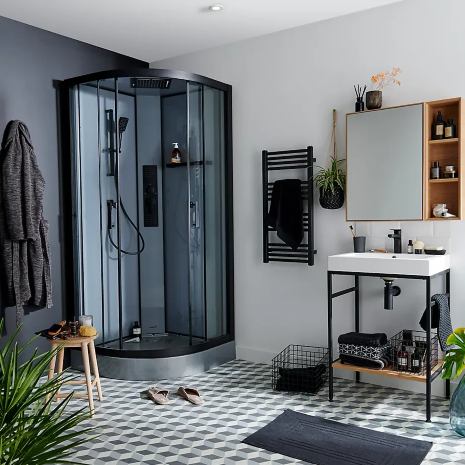 GoodHome Cabine de douche 1/4 de cercle l.90 x L.90 x H.220 cm – hydromassante, fond gris profilés noirs, traitement anticalcaire, Beloya* Cabine De Douche