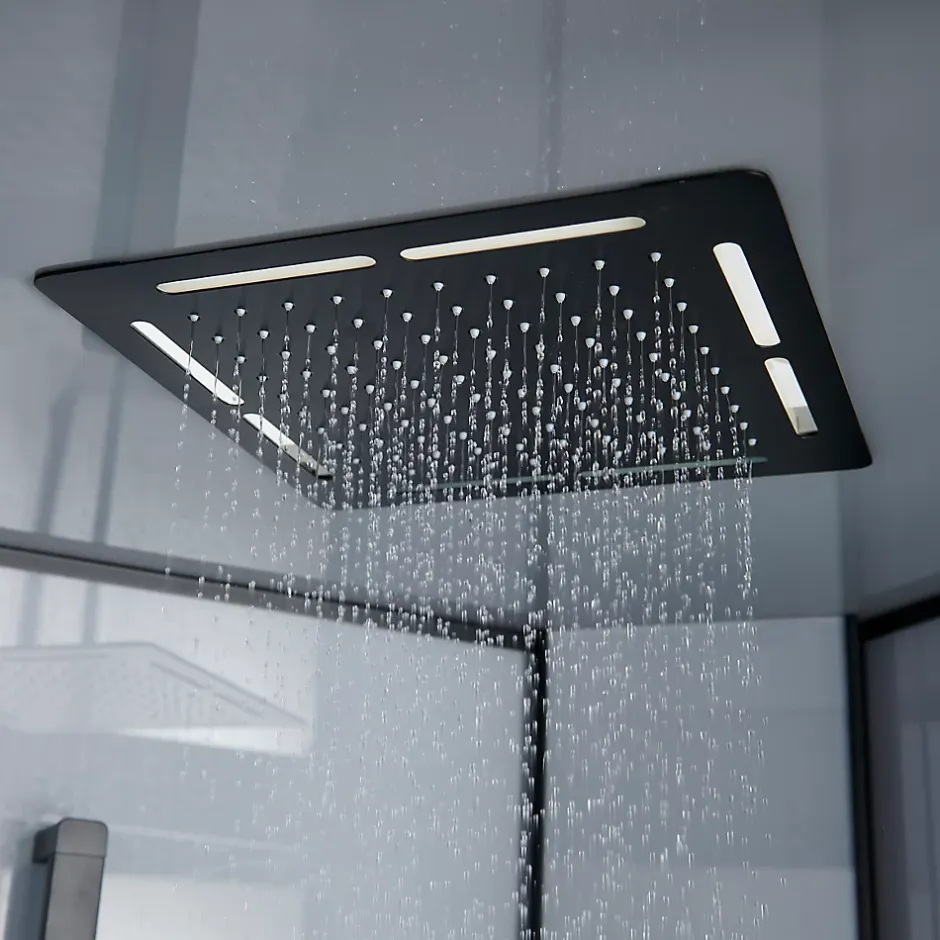 GoodHome Cabine de douche 1/4 de cercle l.90 x L.90 x H.220 cm – hydromassante, fond gris profilés noirs, traitement anticalcaire, Beloya* Cabine De Douche